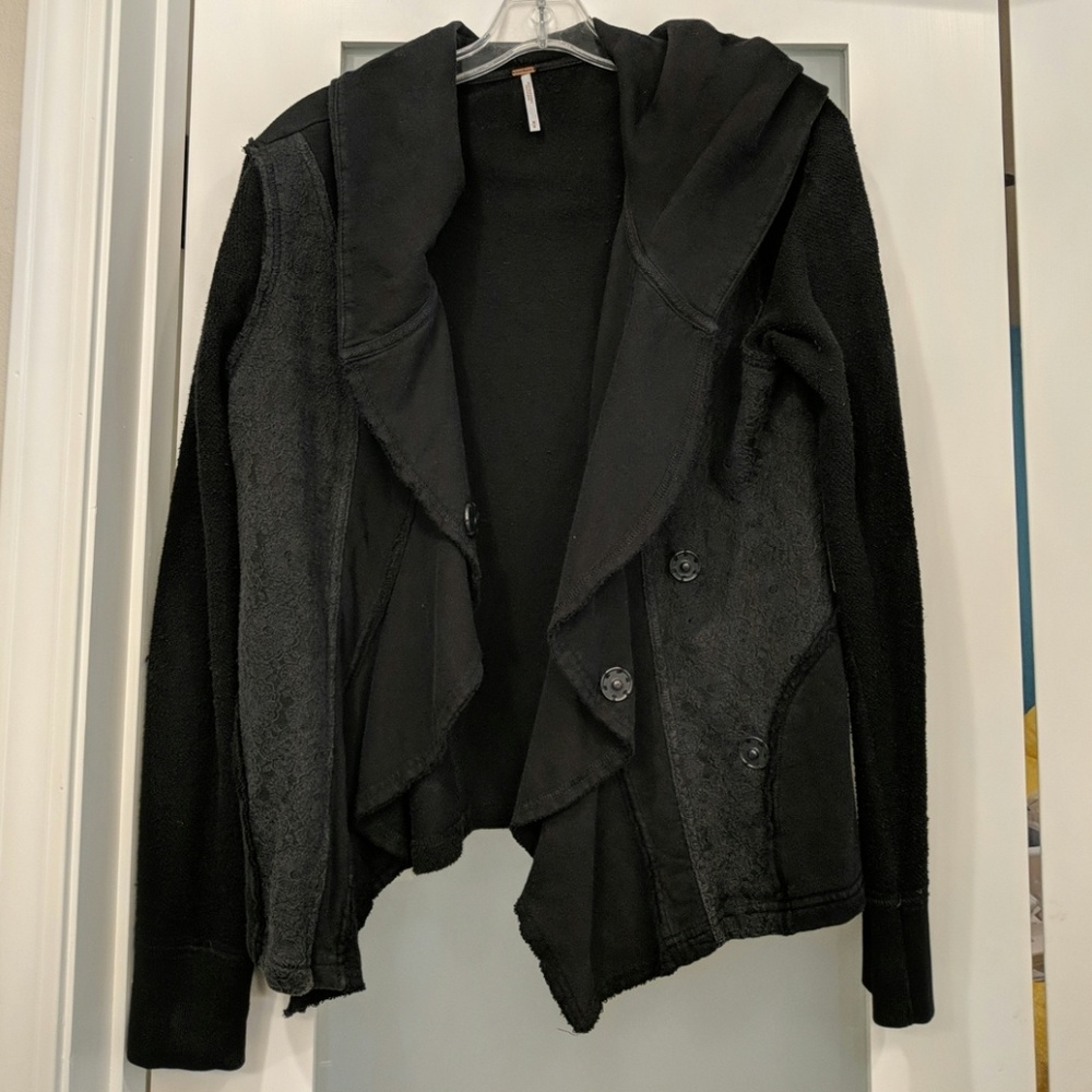 Free People Mixed-Material Black Hooded Sweatshirt